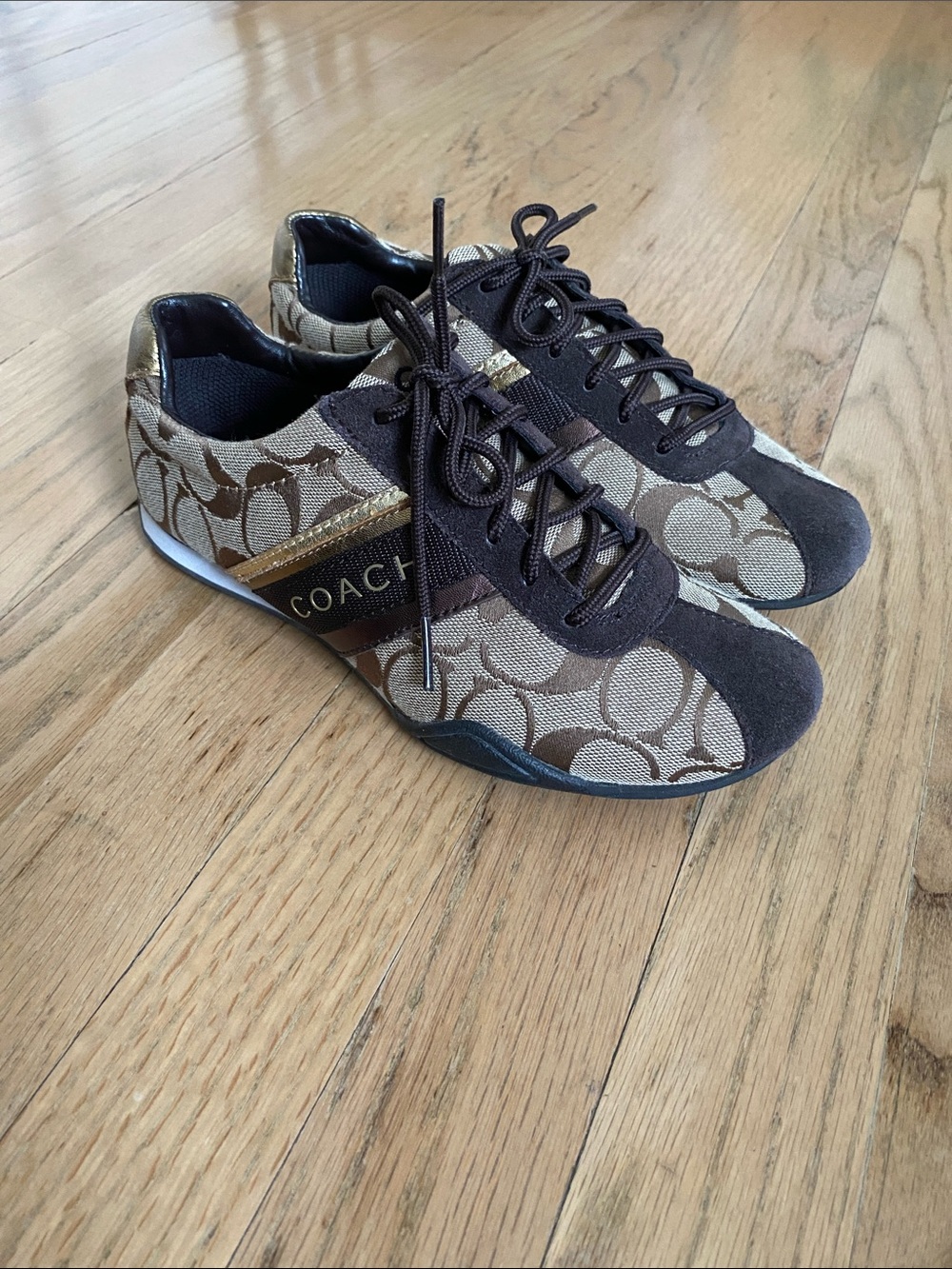 Coach Brown Signature Logo Canvas Sneakers with Gold Accent